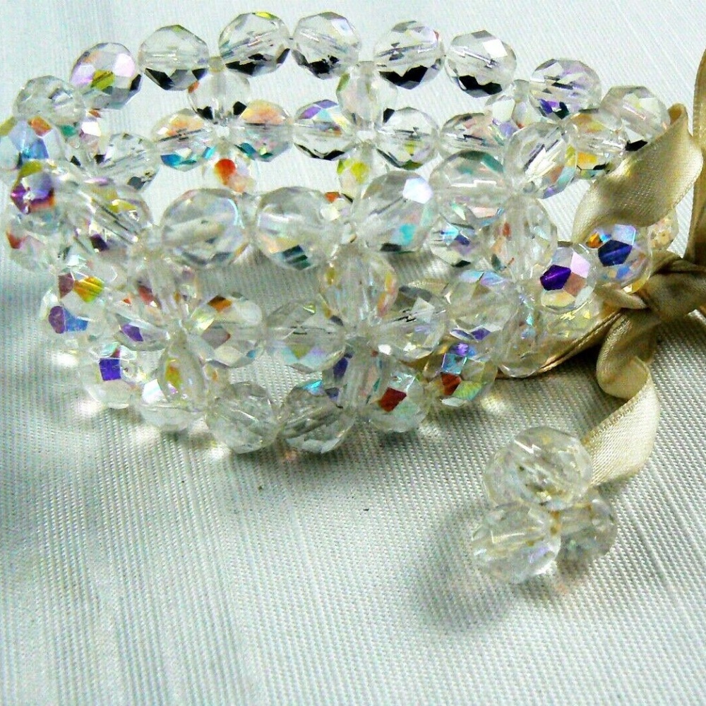 Aurora Borealis Crystal beads Bracelet ribbon tie